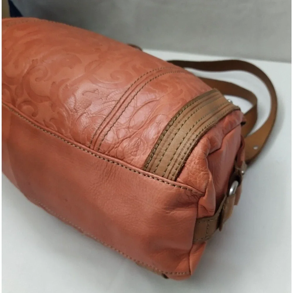Fossil Orange Leather Floral Double Handles Zipper Closure Satchel Shoulder Bag